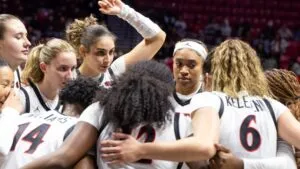 Jugadoras de Aztecs de San Diego State en partido de baloncesto femenino universitario buscando avanzar en el torneo WBIT