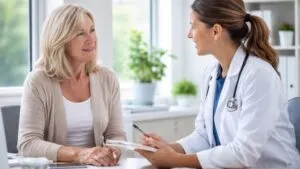 Mujer recibiendo atención médica relacionada con menopausia en California en consulta especializada de salud femenina