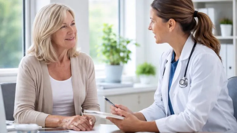 Mujer recibiendo atención médica relacionada con menopausia en California en consulta especializada de salud femenina