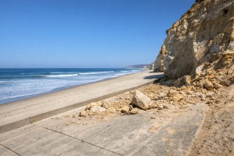 Vista aérea del derrumbe en Del Mar tras caída de acantilado, destacando impacto natural y seguridad comunitaria.