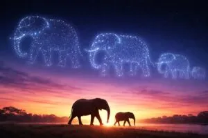 Espectáculo de drones en San Diego con elefantes luminosos en el cielo nocturno sobre la bahía de California