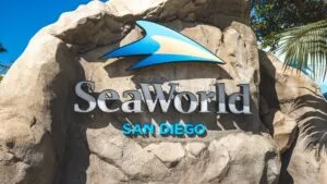 SeaWorld San Diego entrada principal con logotipo del parque sobre estructura de piedra y entorno tropical en un día soleado