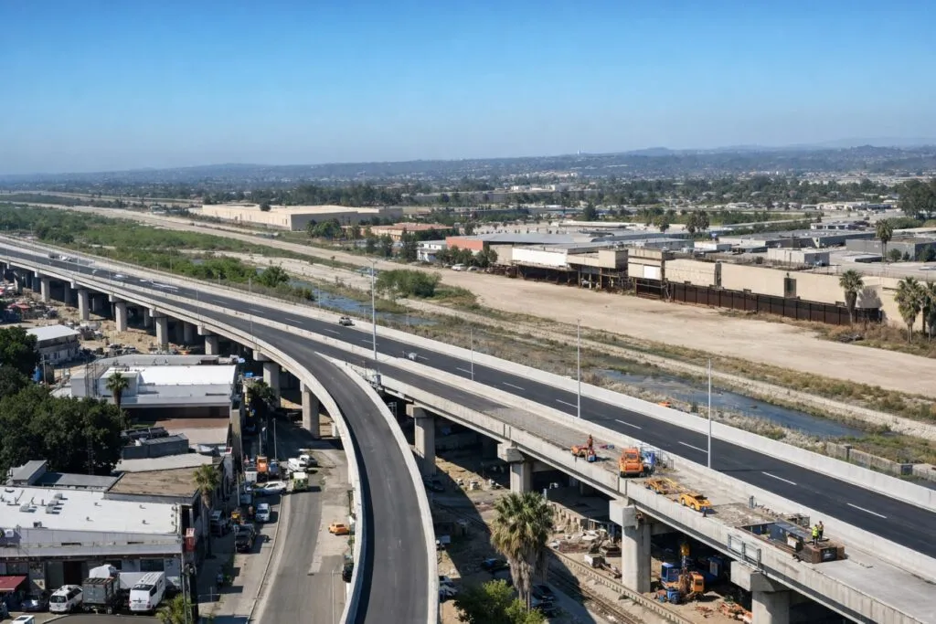Viaducto elevado de Tijuana avanzando con estructuras de concreto y vigas, mejorando conectividad y movilidad urbana en la región.