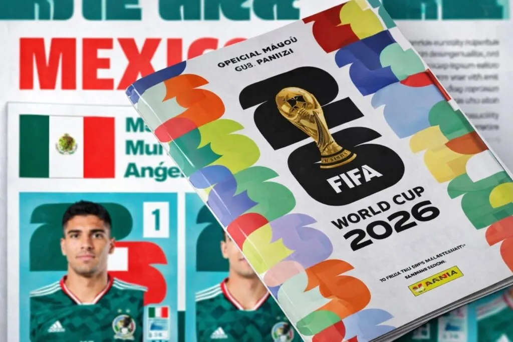 Jugadores de la Selección México en álbum Panini del Mundial celebrando identidad cultural y presencia internacional