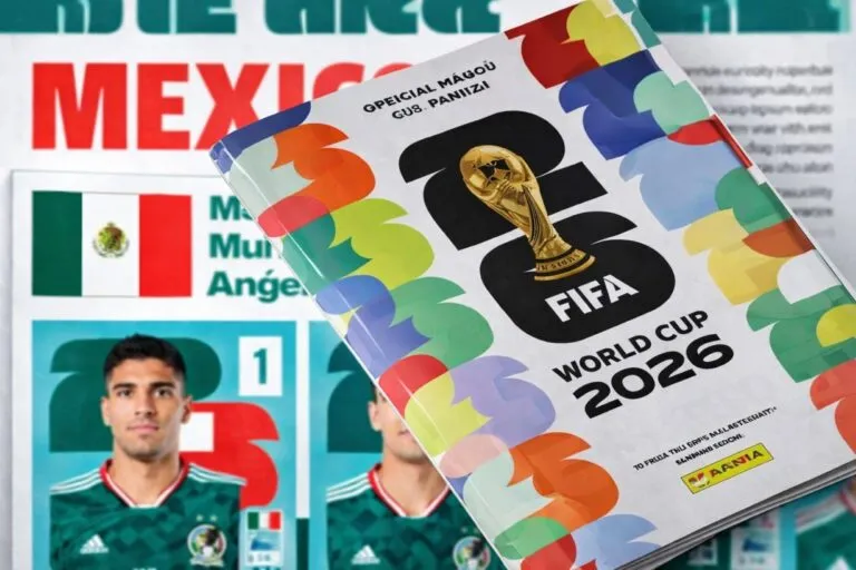 Jugadores de la Selección México en álbum Panini del Mundial celebrando identidad cultural y presencia internacional