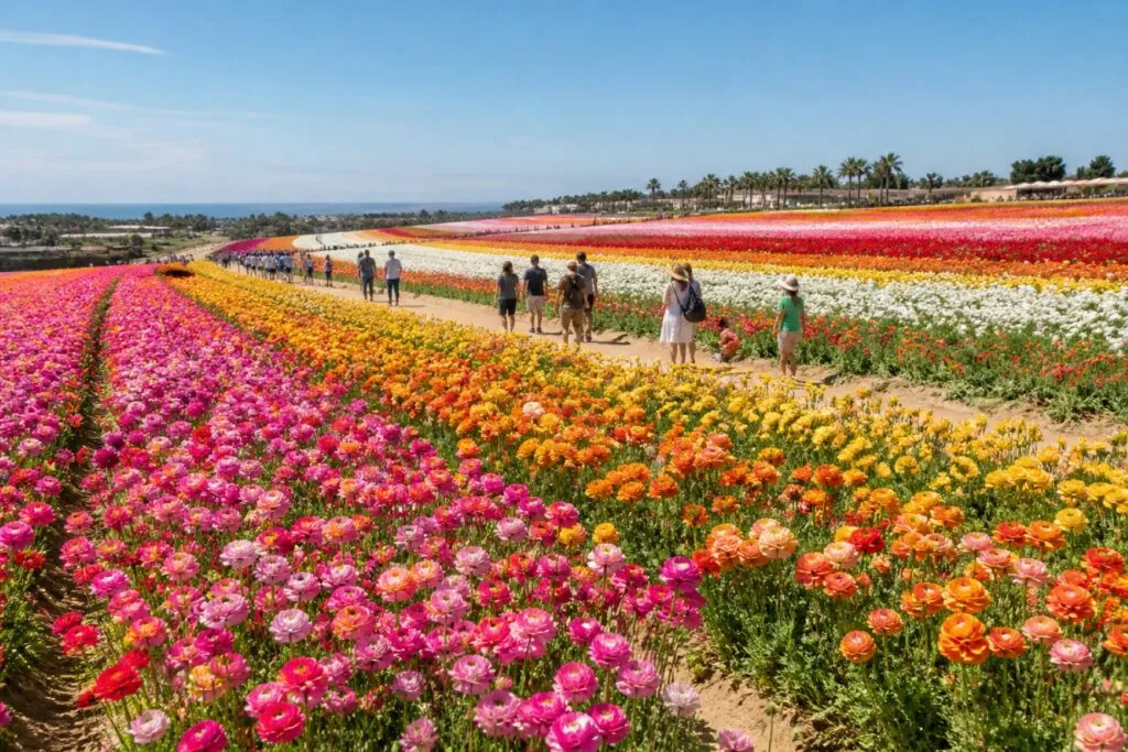 Flower Fields San Diego en Carlsbad con visitantes durante temporada primaveral y turismo activo