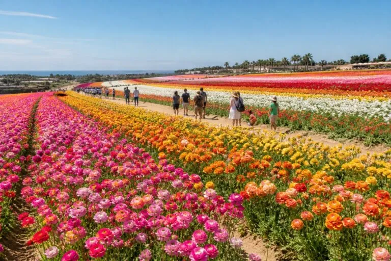 Flower Fields San Diego en Carlsbad con visitantes durante temporada primaveral y turismo activo