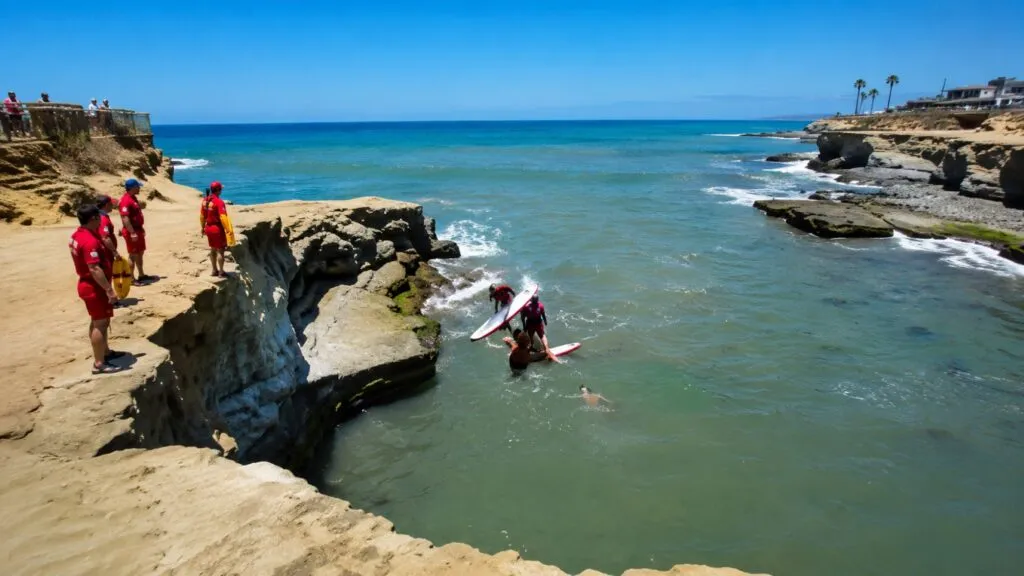 Rescate en Sunset Cliffs donde autoridades y salvavidas de San Diego refuerzan alertas contra saltos desde acantilados.