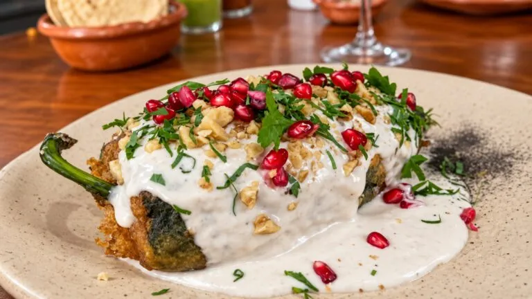 Chiles en nogada en Oaxaca servidos con granada y perejil durante las fiestas patrias.