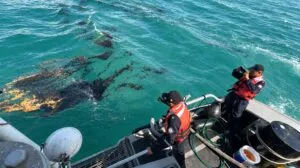 Embarcaciones de Pemex atienden un derrame en el Golfo de México frente a las costas de Campeche.