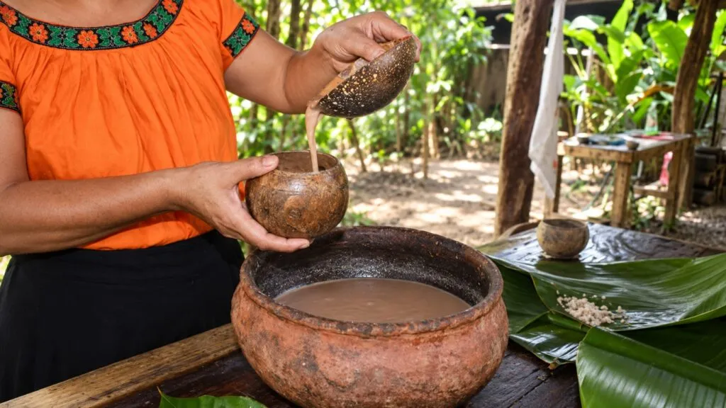 Pozol tabasqueño en San Diego elaborado con maíz y cacao como expresión de la tradición mexicana.
