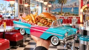 Frisco’s Carhop, un diner en California con decoración retro, hamburguesas, malteadas y servicio al automóvil.