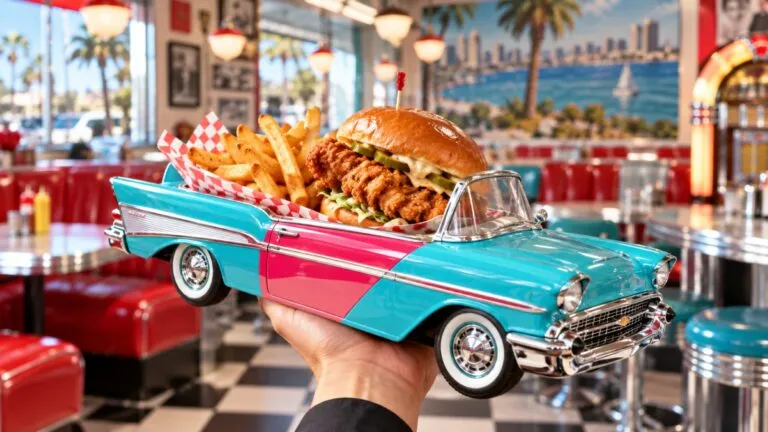 Frisco’s Carhop, un diner en California con decoración retro, hamburguesas, malteadas y servicio al automóvil.