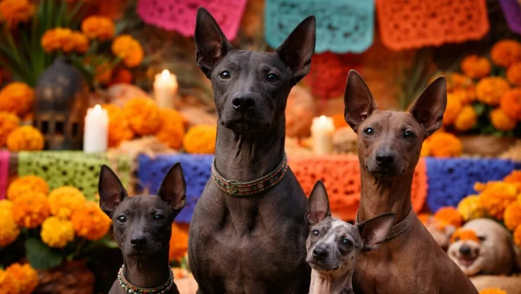 Cultura del xoloitzcuintle representada por un perro mexicano entre flores de cempasúchil y elementos tradicionales de México.